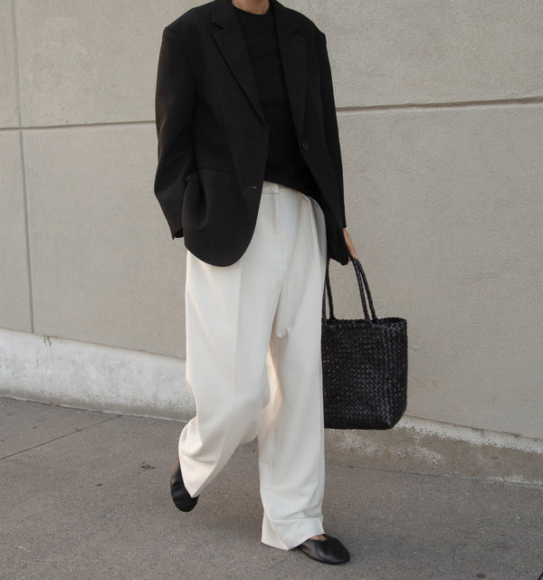 white trousers, black blazer